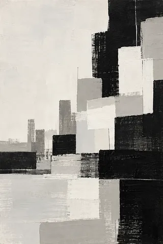A skyline reduced to soft tonal blocks in cream, black, stone, gray; portrait artwork.