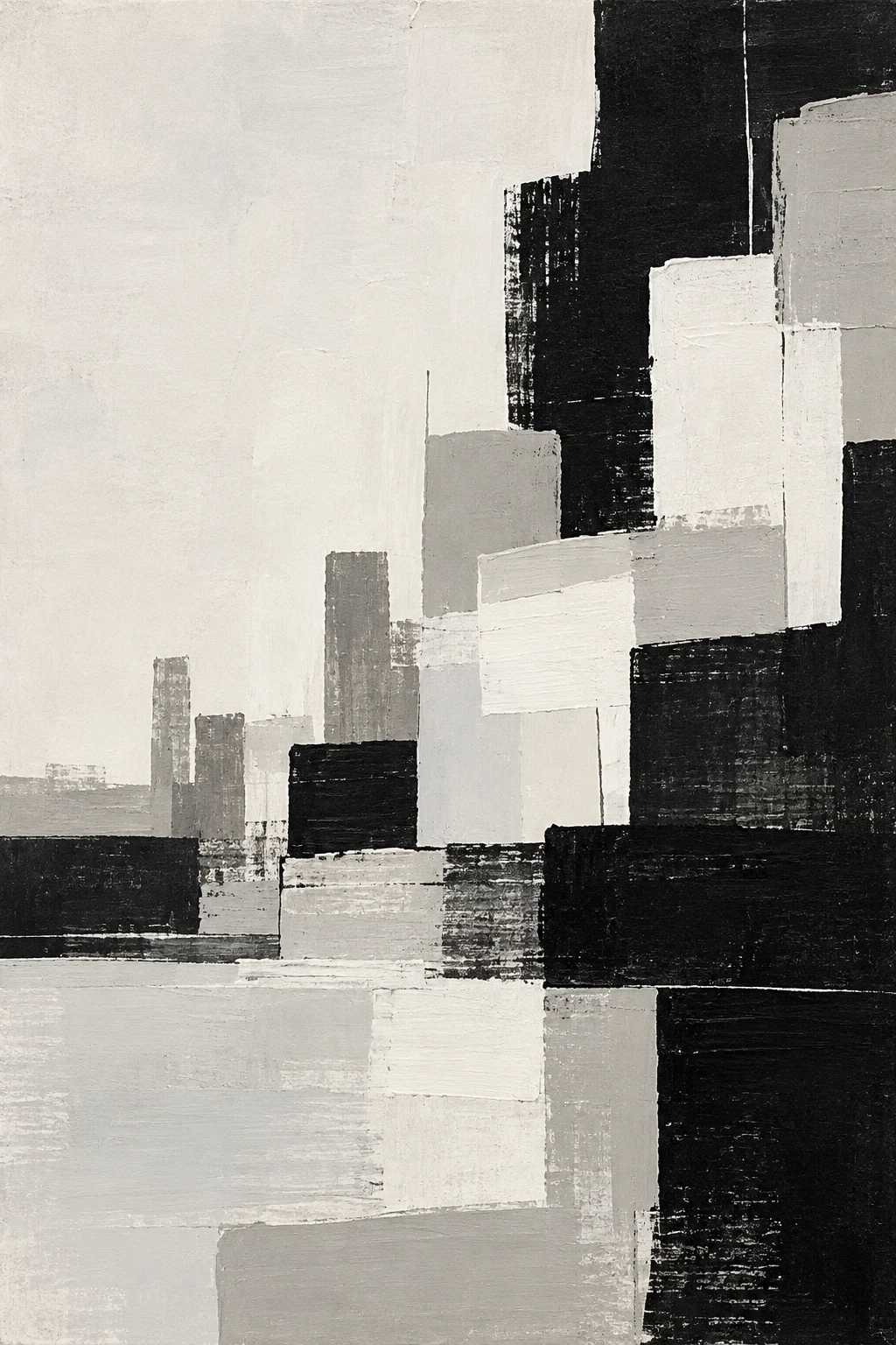 A skyline reduced to soft tonal blocks in cream, black, stone, gray; portrait artwork.