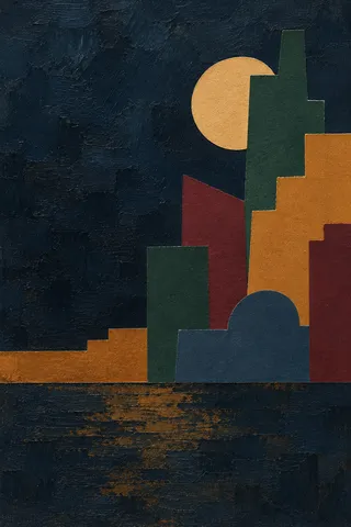 A skyline reduced to soft tonal blocks in black, charcoal, terracotta; portrait artwork.
