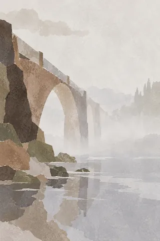 A bridge span disappearing into fog in cream, stone, gray, olive; portrait artwork.