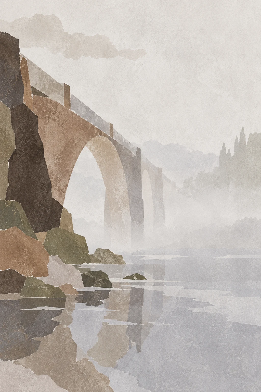 A bridge span disappearing into fog in cream, stone, gray, olive; portrait artwork.