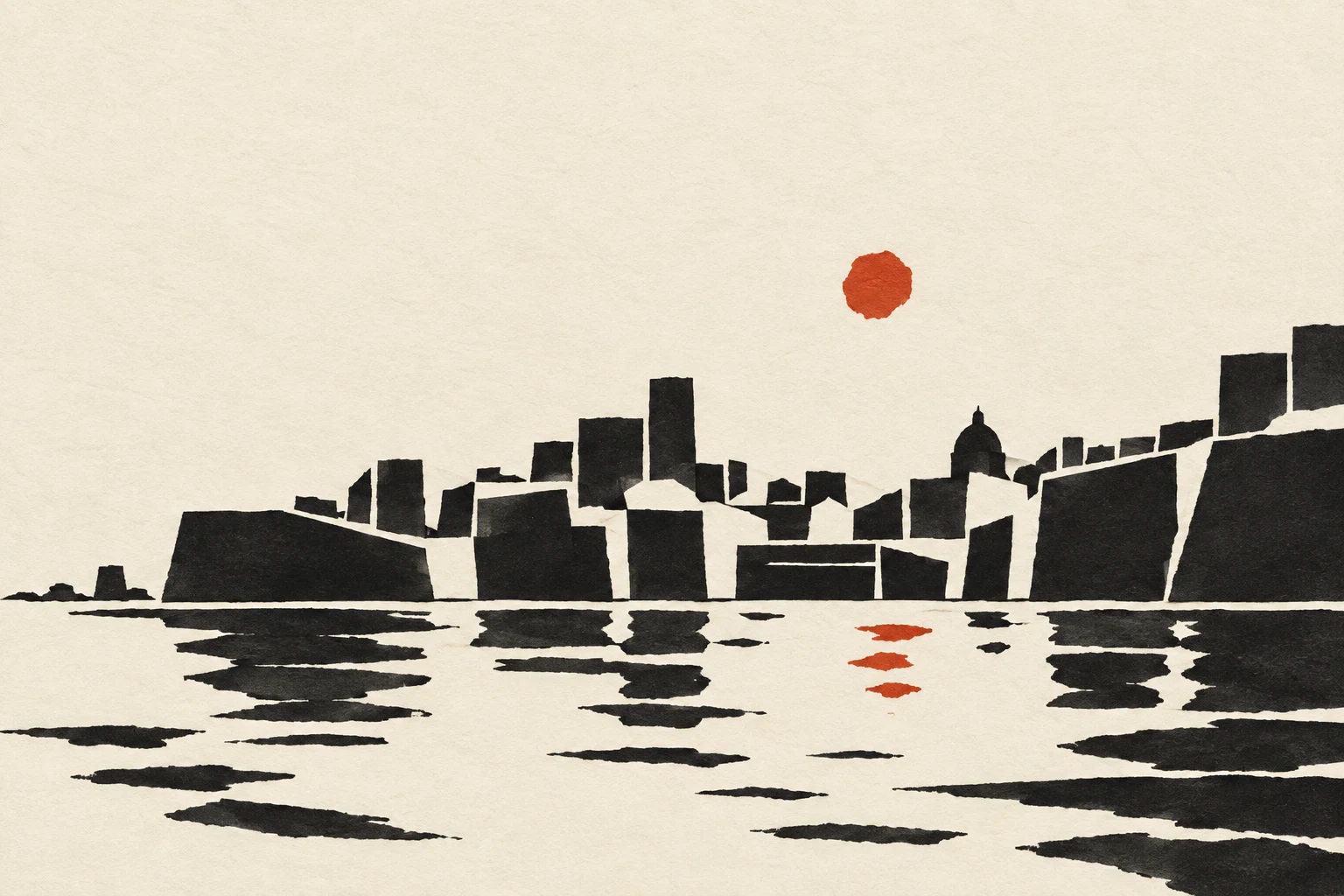 A harbour city from the water, blocks of color in cream, black, white, charcoal; landscape artwork.