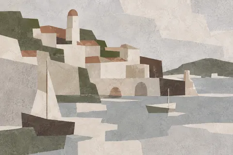 A harbour city from the water, blocks of color in stone, cream, olive, gray; landscape artwork.