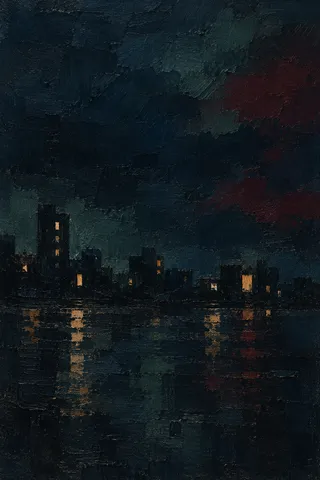 A night skyline as a few lit windows on dark in black; portrait artwork.