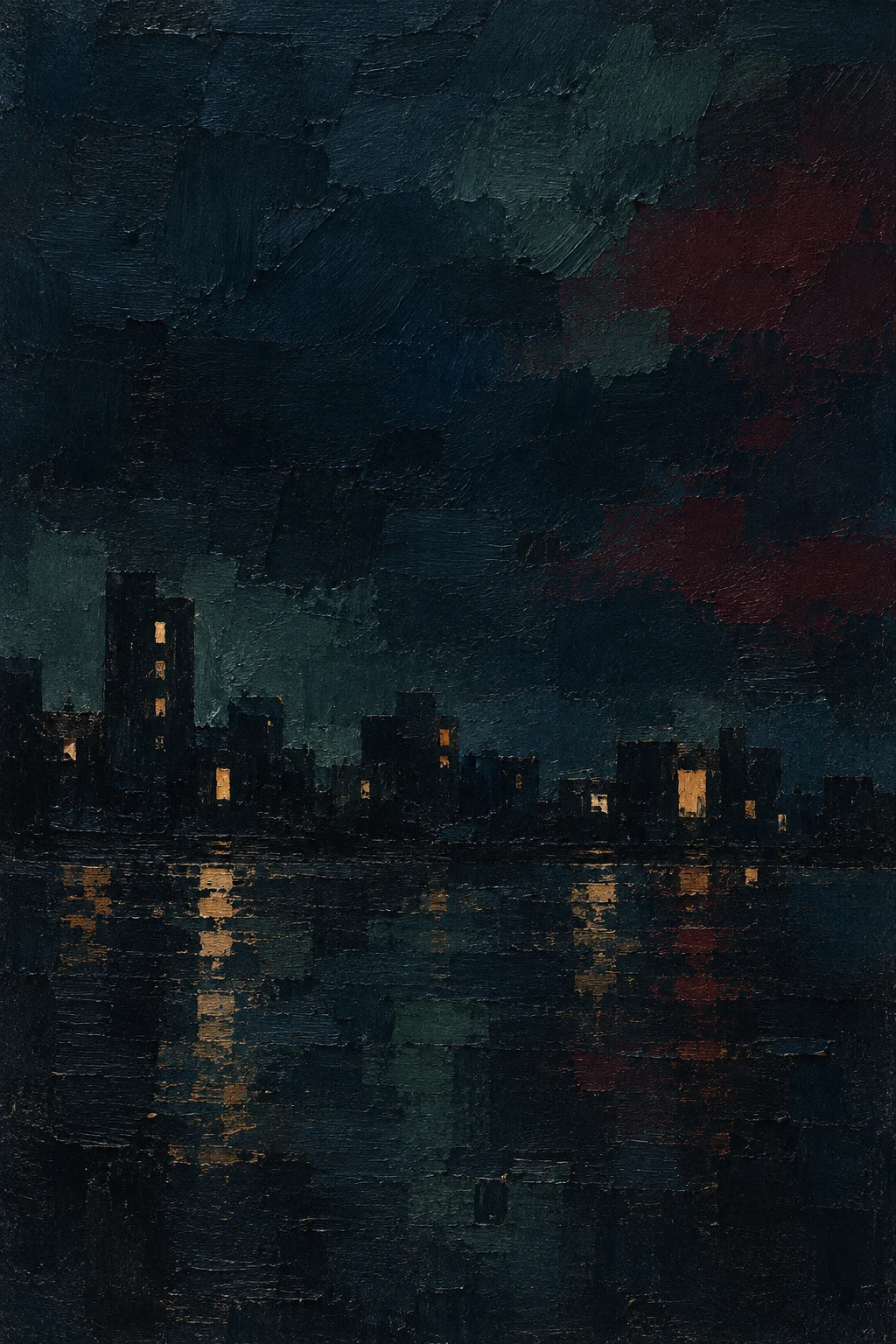A night skyline as a few lit windows on dark in black; portrait artwork.