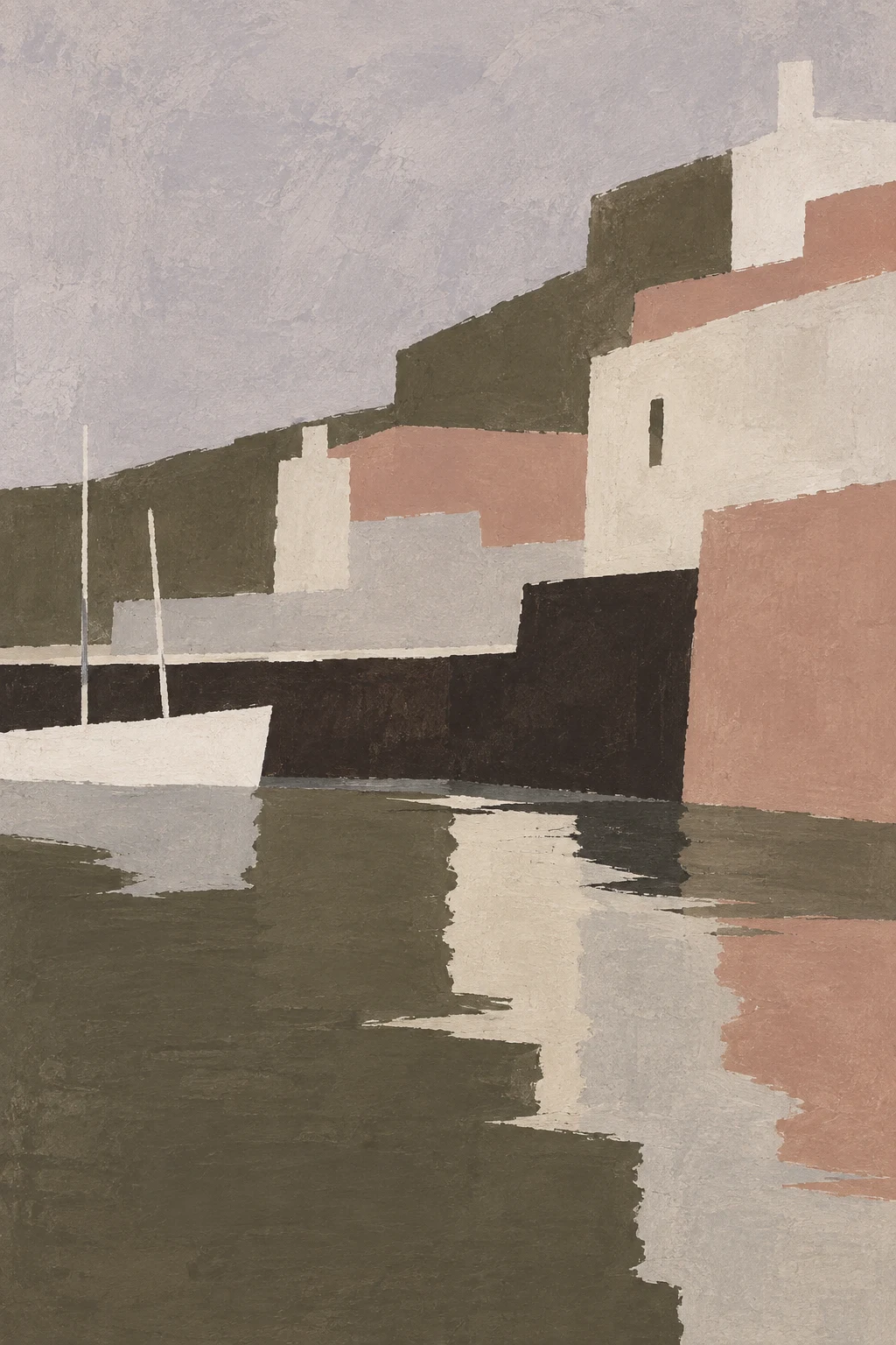 A harbour city from the water, blocks of color in stone, brown, taupe, olive; portrait artwork.