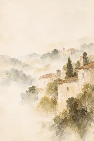 Rooftops and chimneys in morning haze in white, cream, taupe, stone; portrait artwork.
