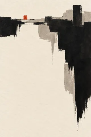 A skyline reduced to soft tonal blocks in cream, black, gray; portrait artwork.