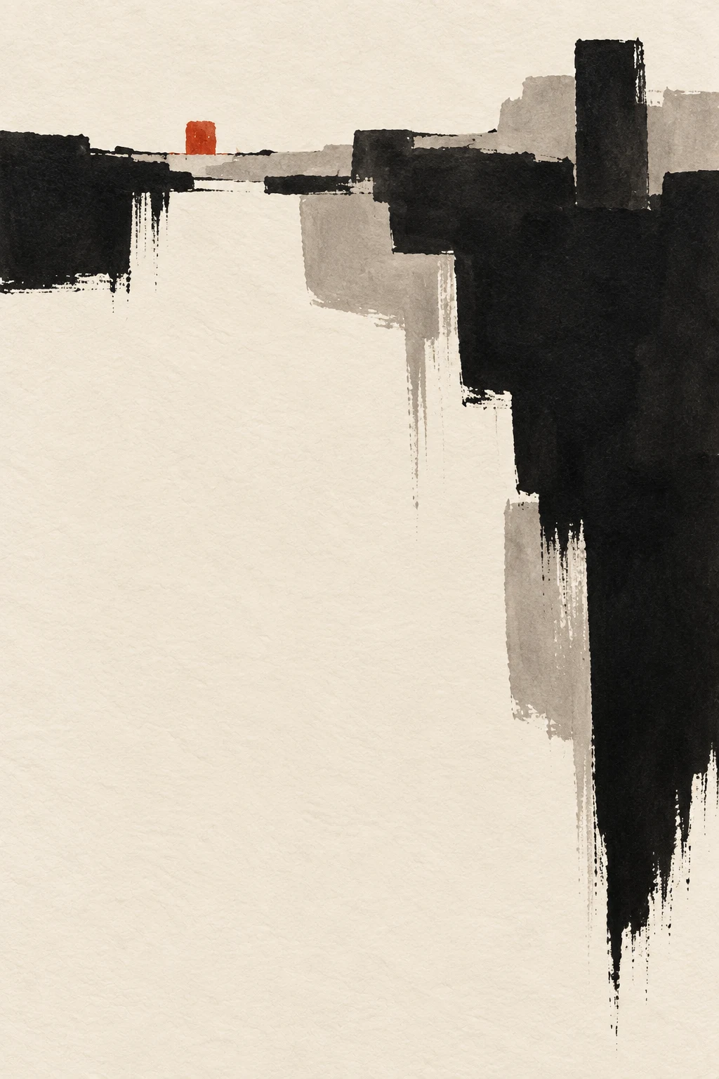 A skyline reduced to soft tonal blocks in cream, black, gray; portrait artwork.