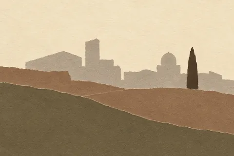 A skyline reduced to soft tonal blocks in cream, olive, taupe, sand; landscape artwork.