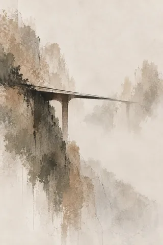 A bridge span disappearing into fog in cream, sand, stone, olive; portrait artwork.