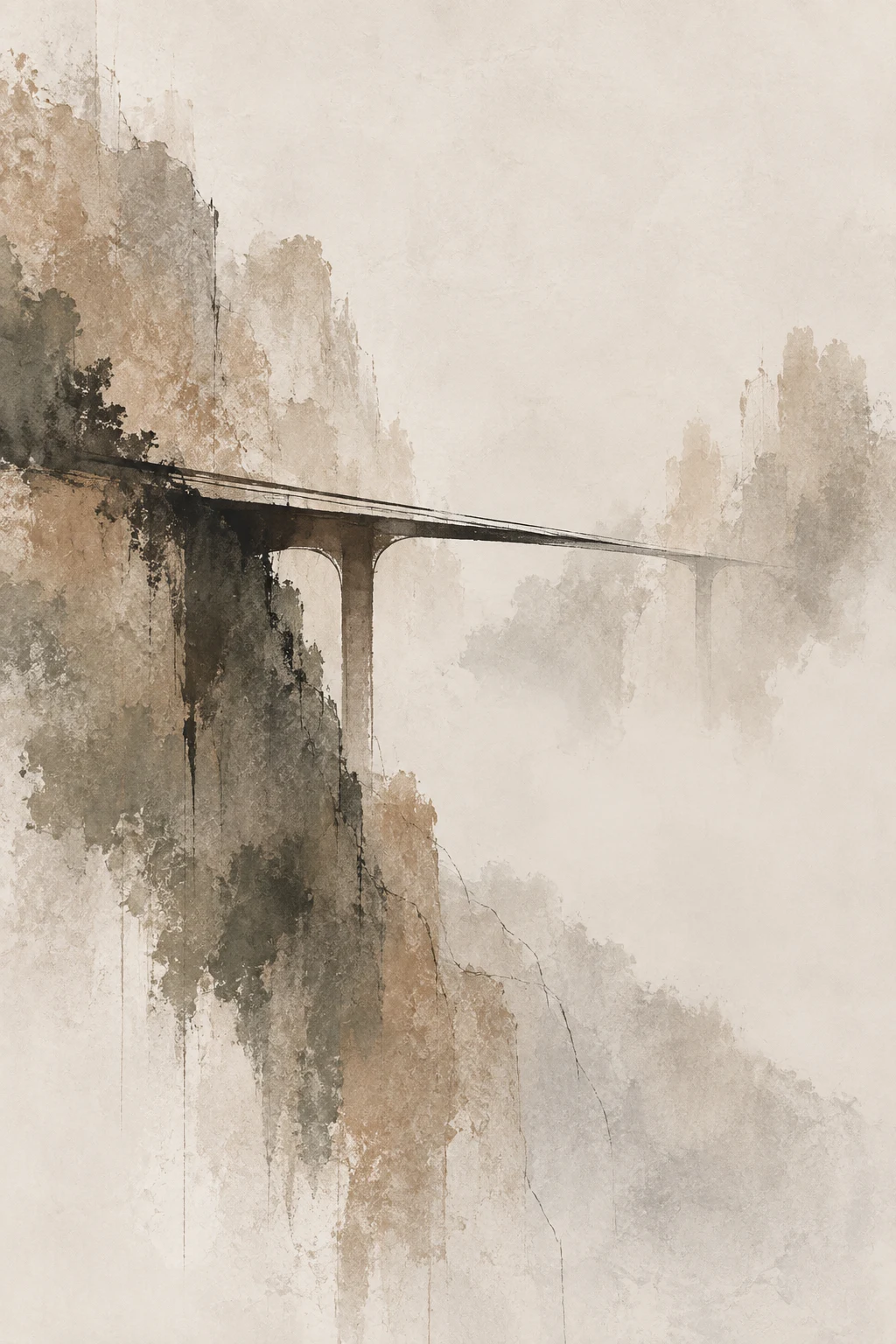 A bridge span disappearing into fog in cream, sand, stone, olive; portrait artwork.