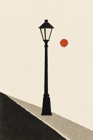 A single street lamp on an empty avenue in white, cream, black, taupe; portrait artwork.
