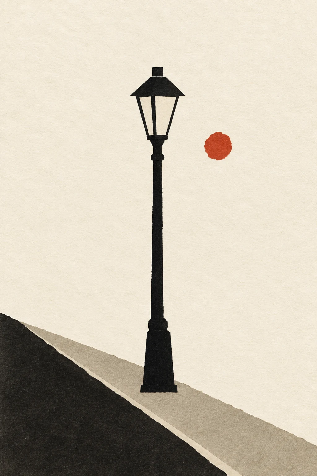 A single street lamp on an empty avenue in white, cream, black, taupe; portrait artwork.