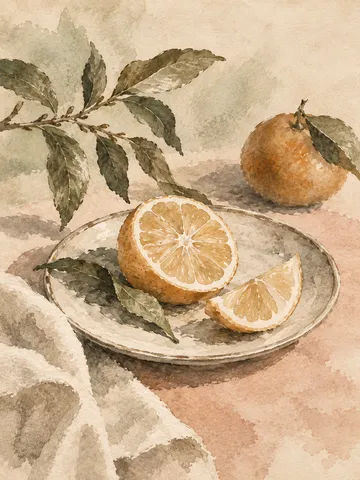 A sliced citrus on a plate in cream, sand, stone, taupe; portrait artwork.
