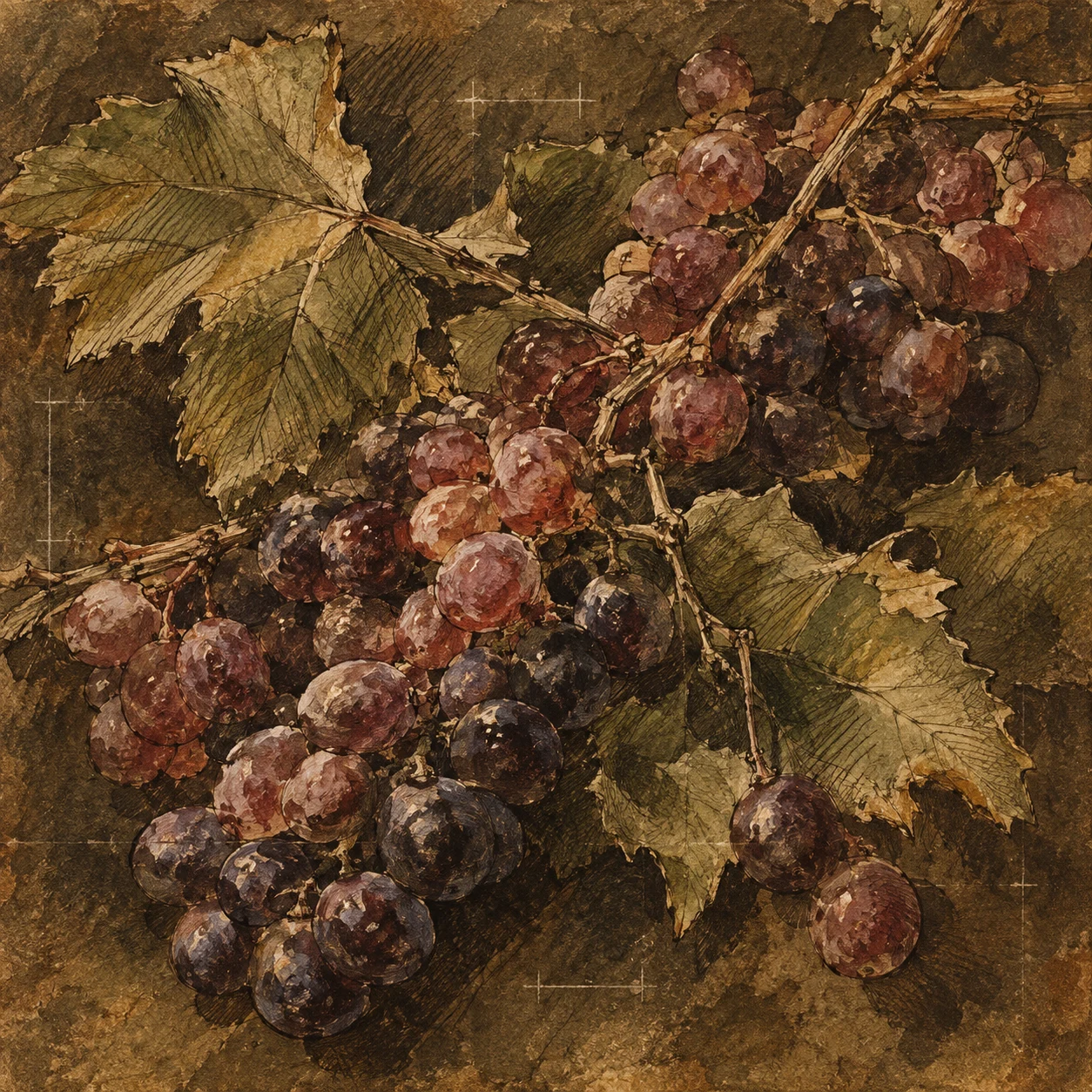A bunch of grapes on a dark ground in brown, burgundy, olive, taupe; square artwork.