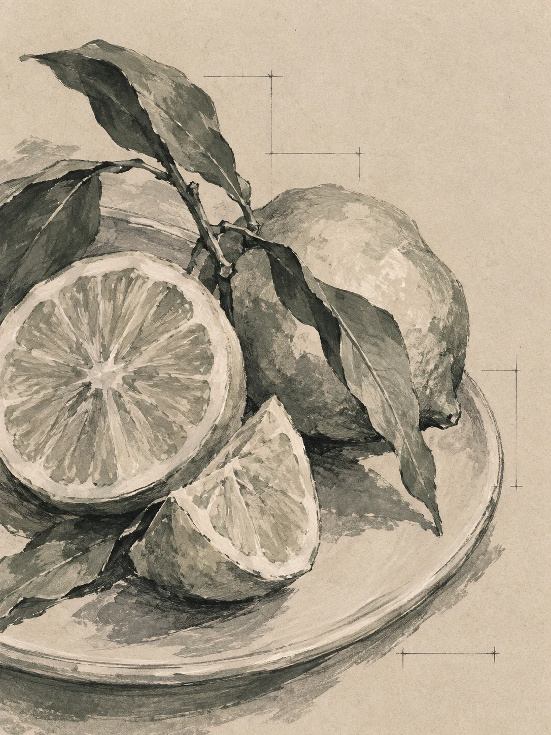 A sliced citrus on a plate in stone, gray, taupe, sand; portrait artwork.