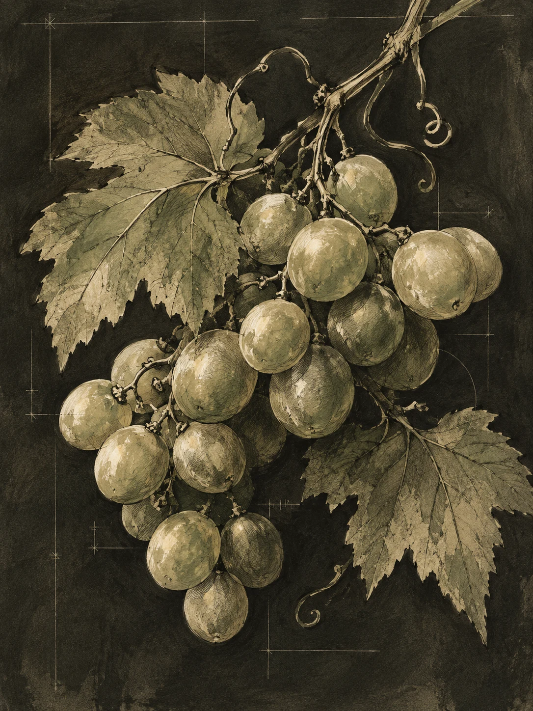 A bunch of grapes on a dark ground in black, olive, brown, charcoal; portrait artwork.