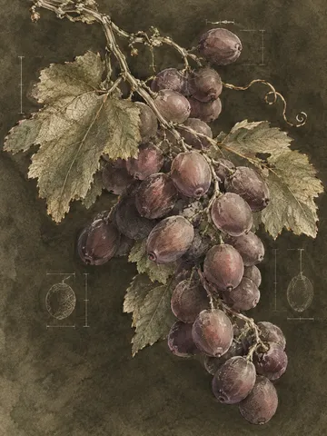 A bunch of grapes on a dark ground in charcoal, brown, olive, sage; portrait artwork.