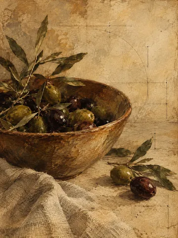 A bowl of olives in sand, brown, ochre, black; portrait artwork.