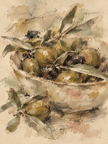 A bowl of olives in sand, taupe, stone, cream; portrait artwork.