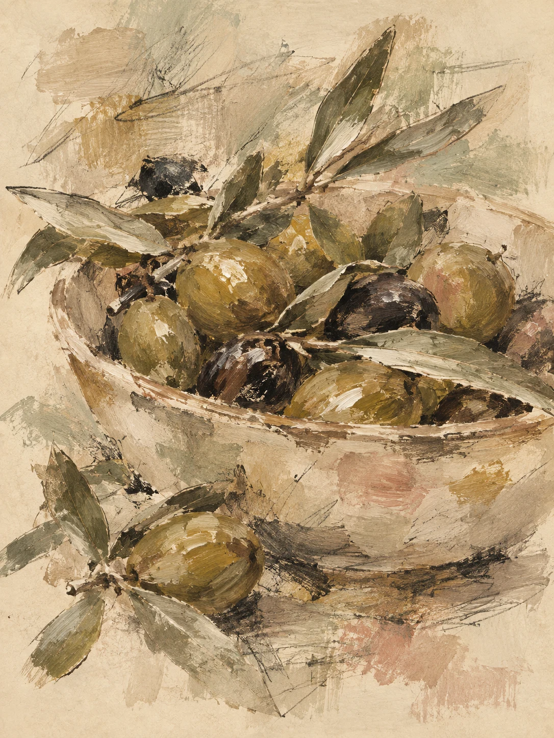 A bowl of olives in sand, taupe, stone, cream; portrait artwork.