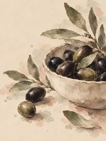 A bowl of olives in cream, taupe, sand, stone; portrait artwork.