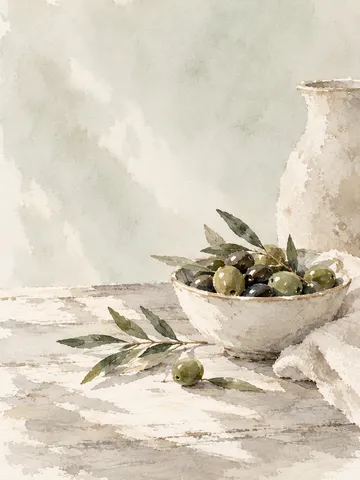 A bowl of olives in cream, stone, white, sage; portrait artwork.