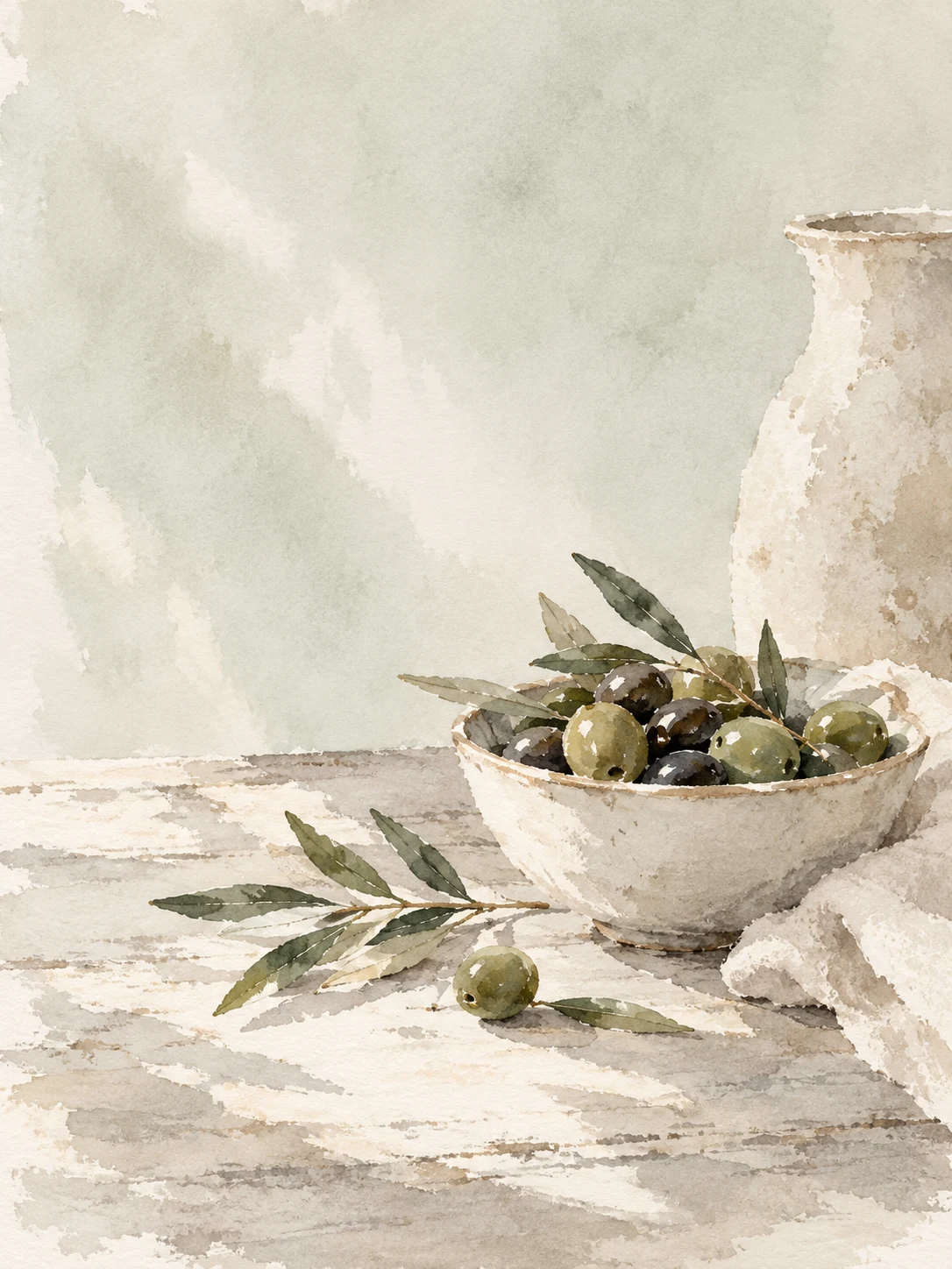 A bowl of olives in cream, stone, white, sage; portrait artwork.