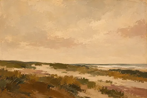 A dune field with sparse grass in sand, stone, brown, olive; landscape artwork.