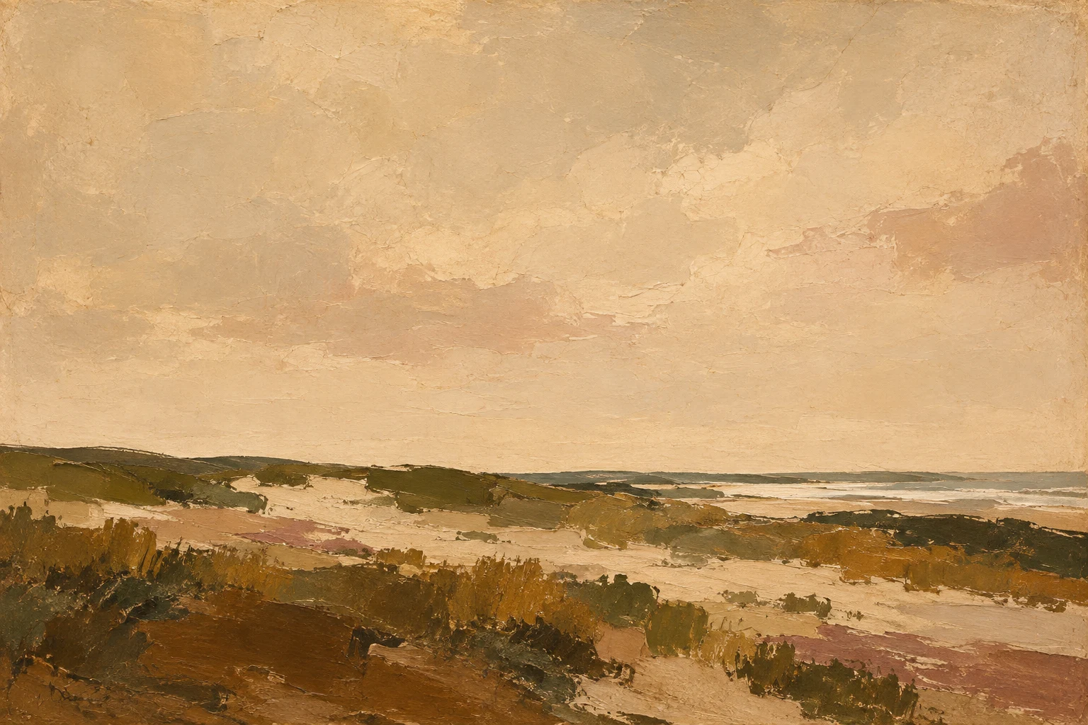 A dune field with sparse grass in sand, stone, brown, olive; landscape artwork.