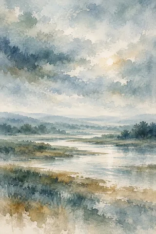 A low river valley under soft overcast light in stone, cream, gray, charcoal; portrait artwork.