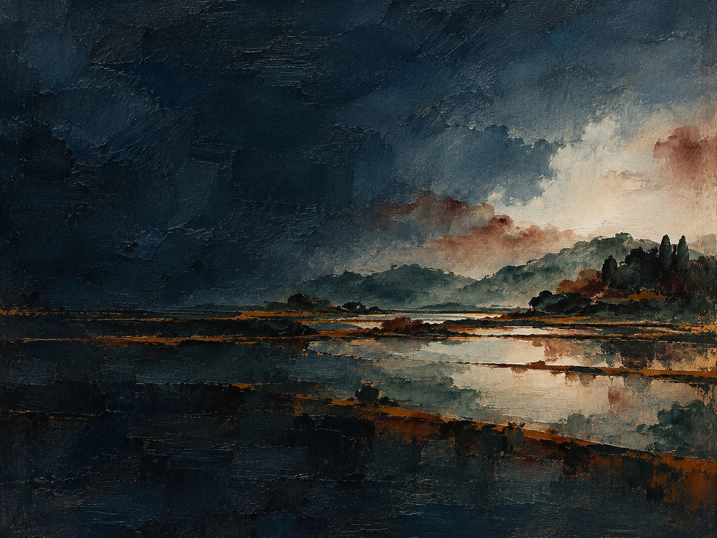 A flooded field reflecting a pale sky in black, charcoal, gray; landscape artwork.