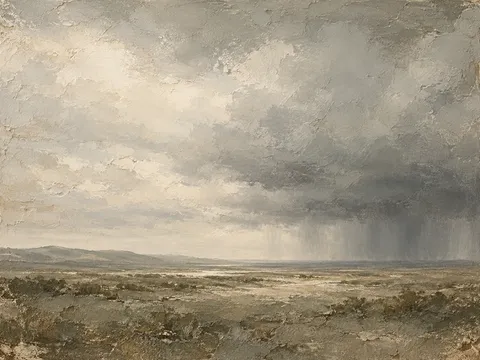A wide plain with a distant storm in taupe, stone, sand, cream; landscape artwork.