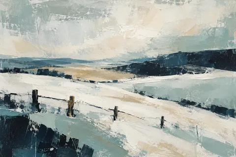 A snowfield with one dark fence line in cream, stone, sky blue, navy; landscape artwork.