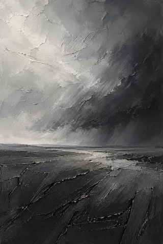 A wide plain with a distant storm in charcoal, stone, black, gray; portrait artwork.