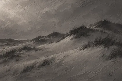 A dune field with sparse grass in charcoal, gray; landscape artwork.