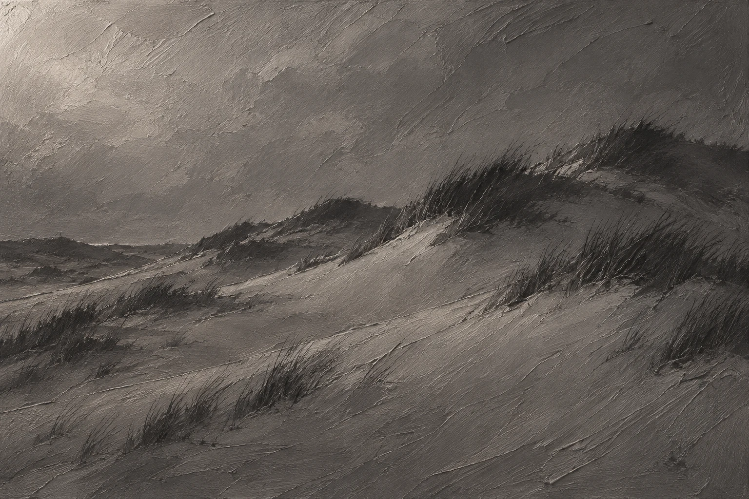 A dune field with sparse grass in charcoal, gray; landscape artwork.