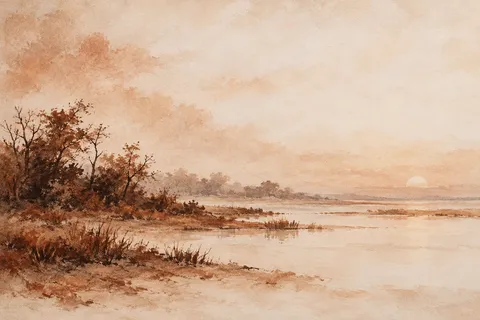 A marsh at first light in cream, stone, sand, brown; landscape artwork.