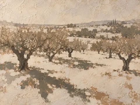 An orchard in winter in stone, taupe, sage, cream; landscape artwork.