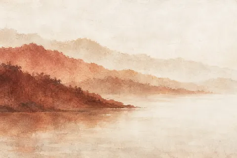 Rolling hills dissolving into haze in cream, white, blush, terracotta; landscape artwork.