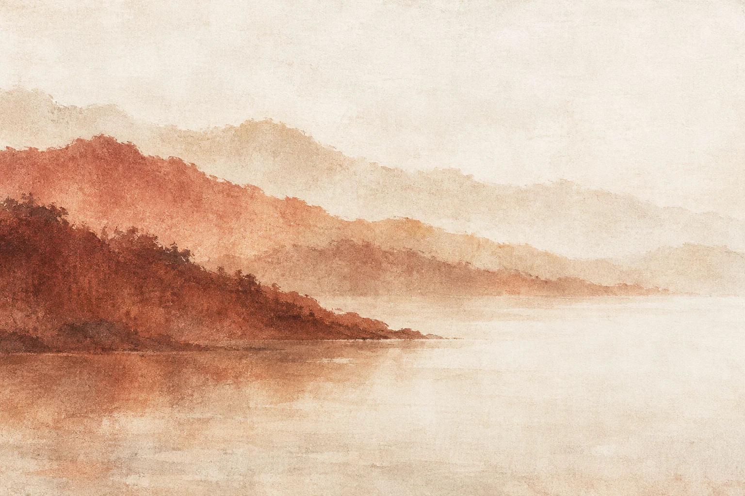 Rolling hills dissolving into haze in cream, white, blush, terracotta; landscape artwork.