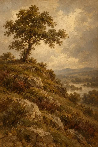 A hill with one tree at the top in brown, burgundy, sage, taupe; portrait artwork.