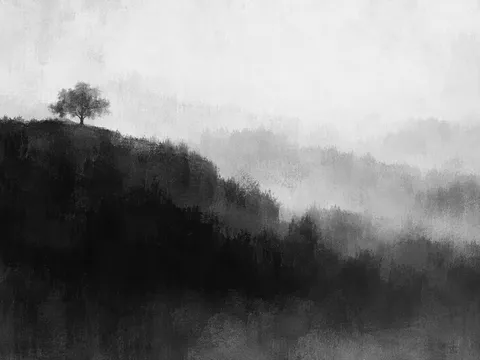 A hill with one tree at the top in white, charcoal, black, cream; landscape artwork.