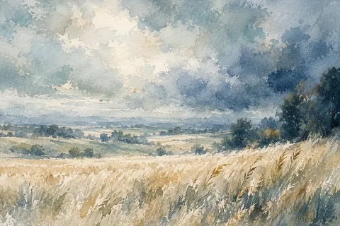 A wheat field under a heavy sky in gray, stone, cream, sand; landscape artwork.