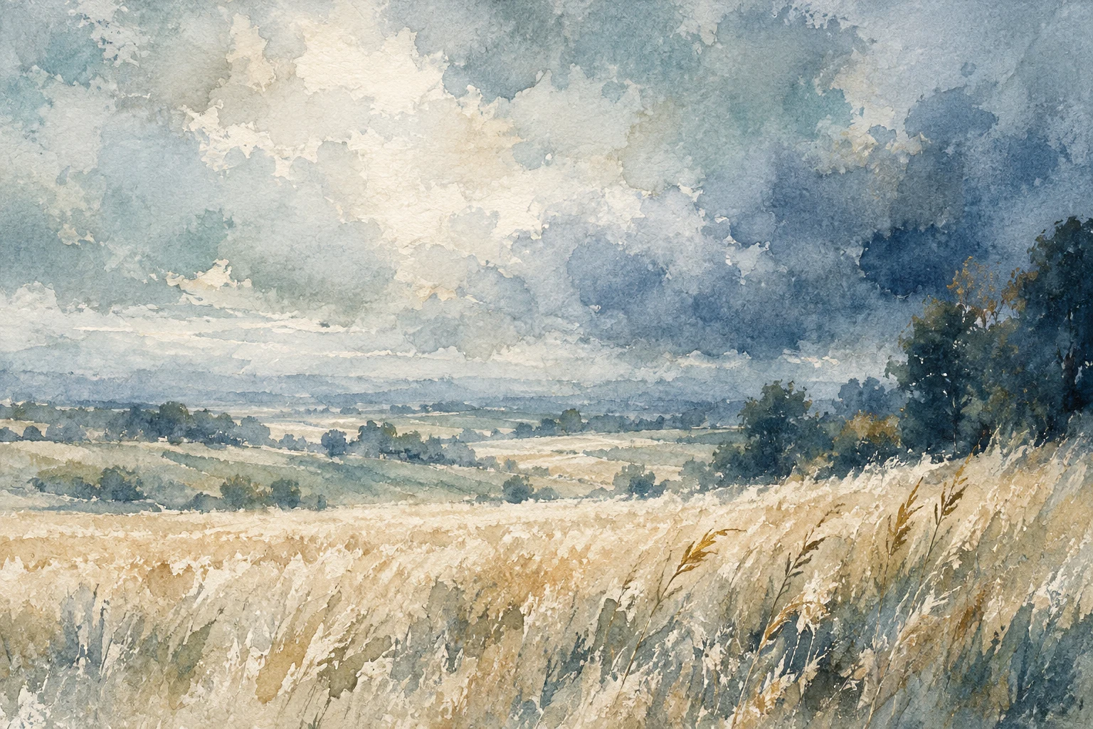 A wheat field under a heavy sky in gray, stone, cream, sand; landscape artwork.
