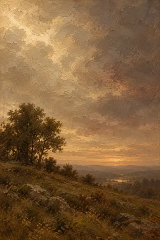 A single tree line on a ridge at dusk in ochre, brown, burgundy, sand; portrait artwork.