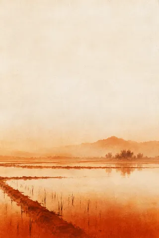 A flooded field reflecting a pale sky in cream, yellow, orange, red; portrait artwork.