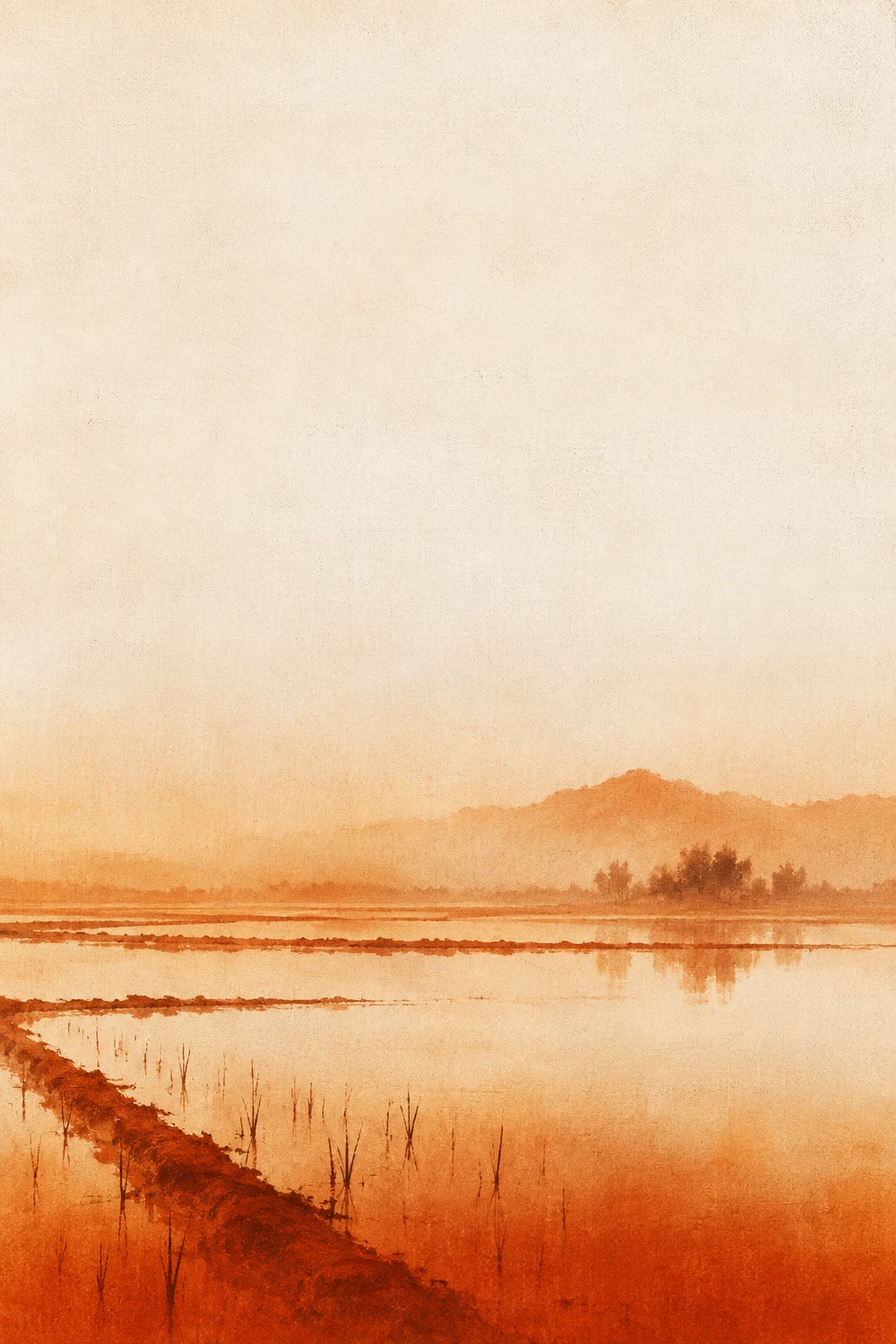 A flooded field reflecting a pale sky in cream, yellow, orange, red; portrait artwork.