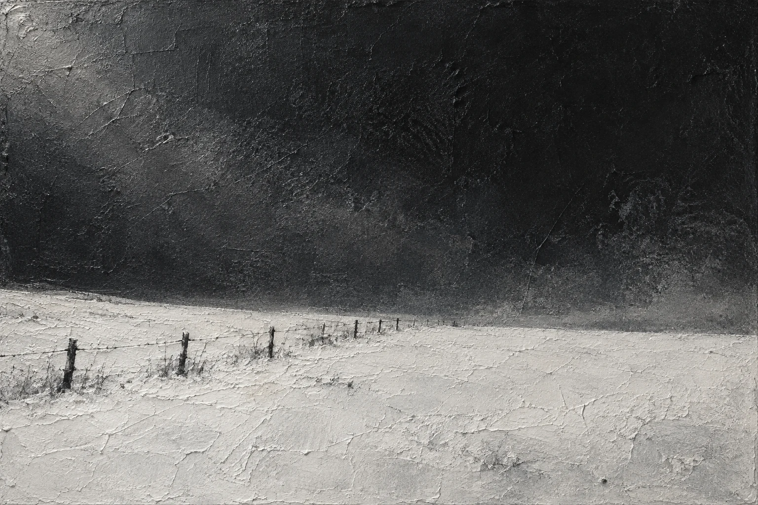 A snowfield with one dark fence line in stone, black, charcoal; landscape artwork.
